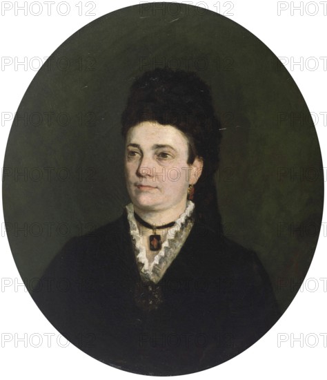 Gustave Vanaise, actually Gustavus Antonius Maria Van Aise (born 4 October 1854, died 20 July 1902), Belgian portrait, genre and nude painter: portrait of a Woman (1876), Portrait of a Woman (1876), authentic, digitally restored reproduction from a 19th century original, exact date of depiction unknown, historical, portrait of a woman in an elegant dress against a black background. The expression is calm