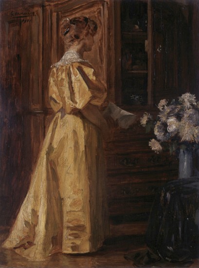 Gustave Vanaise, actually Gustavus Antonius Maria Van Aise (b. 4 October 1854, d. 20 July 1902), Belgian portrait, genre and nude painter: A Young Woman, study, (1901), A young woman, study, authentic, digitally restored reproduction from a 19th century original, exact date of depiction unknown, Historical, A woman in a yellow dress stands in front of furniture, a bouquet of flowers can be seen in the foreground