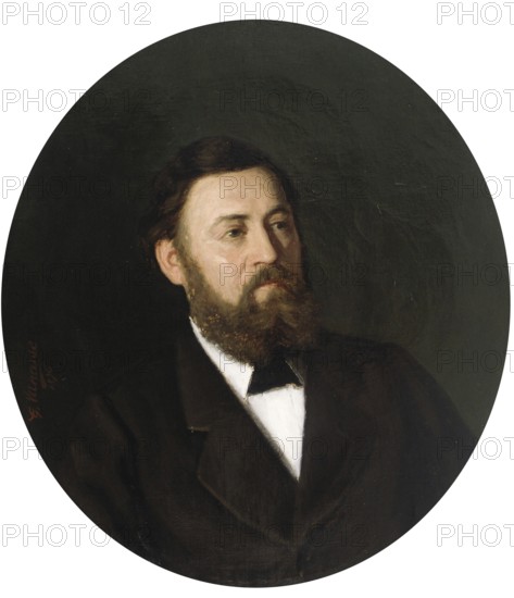 Gustave Vanaise, actually Gustavus Antonius Maria Van Aise (born 4 October 1854, died 20 July 1902), Belgian portrait, genre and nude painter: portrait of a Man (1893), Portrait of a Man (1893), authentic, digitally restored reproduction from a 19th century original, exact date of depiction unknown, historical, portrait of a man with a beard in a suit. The background is dark and emphasises the face