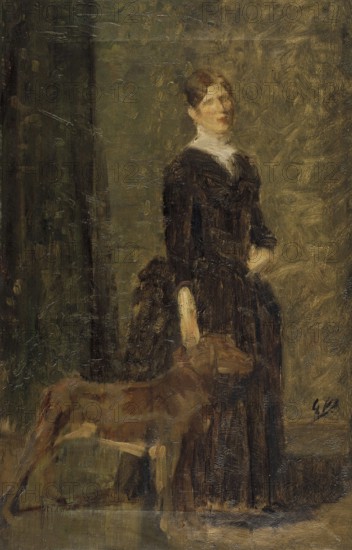 Gustave Vanaise, real name Gustavus Antonius Maria Van Aise (b. 4 October 1854, d. 20 July 1902), Belgian portrait, genre and nude painter: Study for the Portrait of Marie De Coster, the Artist's Wife (ca. 1880), Study for the Portrait of Marie De Coster, the Artist's Wife (ca. 1880), authentic, digitally restored reproduction from a 19th century original, exact date of depiction unknown, historical, woman in a dark dress with a dog, in a formal setting