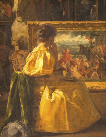 Gustave Vanaise, real name Gustavus Antonius Maria Van Aise (b. 4 October 1854, d. 20 July 1902), Belgian portrait, genre and nude painter: Visiting The Atelier, authentic, digitally restored reproduction from a 19th century original, exact date of depiction unknown, historical, woman in a studio looking at a painting, in a warm, artistic ambience