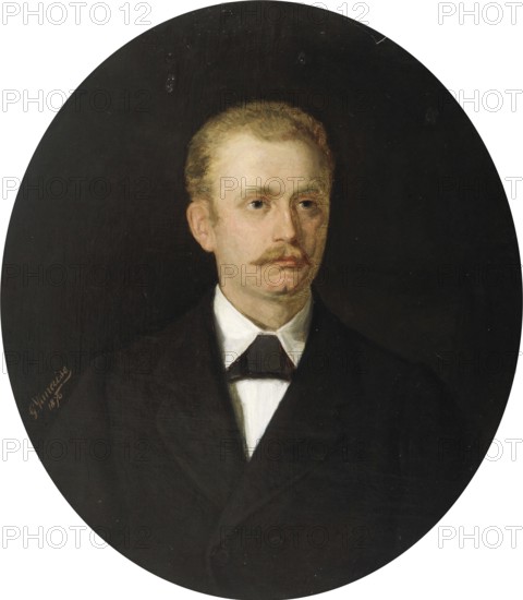 Gustave Vanaise, actually Gustavus Antonius Maria Van Aise (b. 4 October 1854, d. 20 July 1902), Belgian portrait, genre and nude painter: portrait of a Man (1876), Portrait of a Man (1876), authentic, digitally restored reproduction from a 19th century original, exact date of depiction unknown, historical, portrait of a man with a moustache in a black suit against a dark background