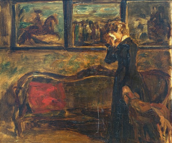 Gustave Vanaise, actually Gustavus Antonius Maria Van Aise (b. 4 October 1854, d. 20 July 1902), Belgian portrait, genre and nude painter: Weeping Woman (19th century), authentic, digitally restored reproduction from a 19th century original, exact date of depiction unknown, historical, Melancholic woman in a room with paintings on the wall