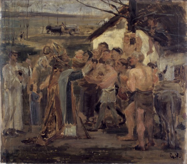 Gustave Vanaise, actually Gustavus Antonius Maria Van Aise (b. 4 October 1854, d. 20 July 1902), Belgian portrait, genre and nude painter: Saint Livinus in Flanders (study) (1882), The Saint Livinus in Flanders (study) (1882), authentic, digitally restored reproduction from a 19th century model, exact date of depiction unknown, Historical, Religious assembly with many figures and a ceremony