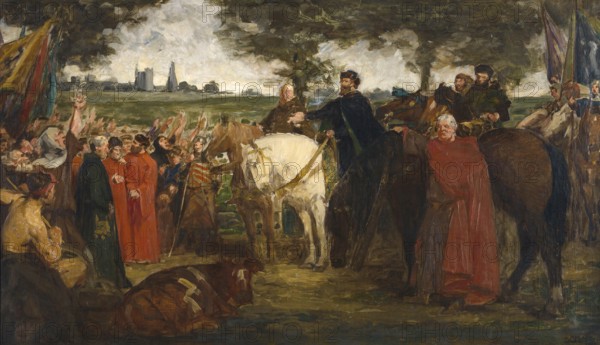 Gustave Vanaise, actually Gustavus Antonius Maria Van Aise (b. 4 October 1854, d. 20 July 1902), Belgian portrait, genre and nude painter: The Glorification of Jacob of Artevelde (study) (1892), authentic, digitally restored reproduction from a 19th century original, exact date of depiction unknown, historical, medieval scene with horsemen and a crowd of people