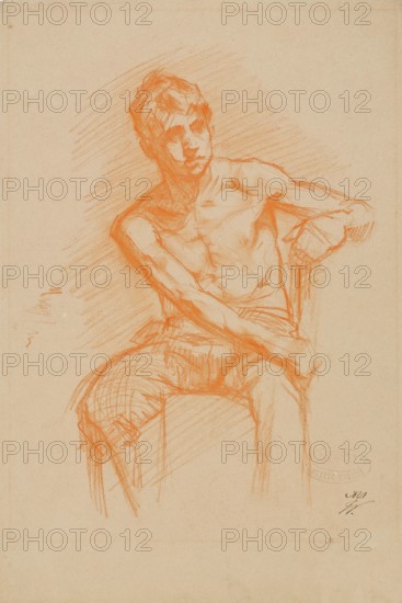 Gustave Vanaise, actually Gustavus Antonius Maria Van Aise (b. 4 October 1854, d. 20 July 1902), Belgian portrait, genre and nude painter: Seated Boy (19th century), authentic, digitally restored reproduction from a 19th century model, exact date of depiction unknown, historical, sketch of a seated, pensive man in orange