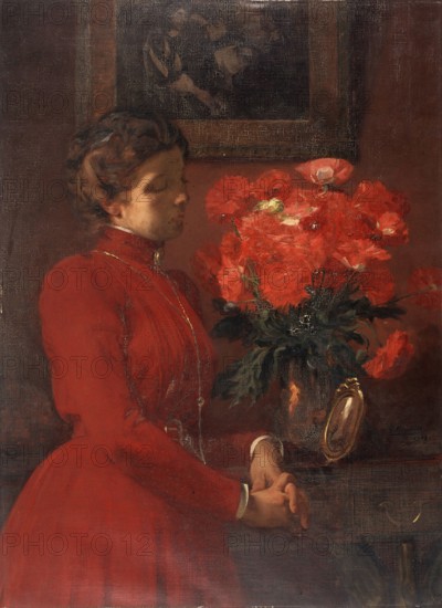 Gustave Vanaise, actually Gustavus Antonius Maria Van Aise (born 4 October 1854, died 20 July 1902), Belgian portrait, genre and nude painter: Rememberance (1902), Erinnerung (1902), authentic, digitally restored reproduction from a 19th century original, exact date of depiction unknown, historical, woman in red dress looking at flowers, contemplative atmosphere