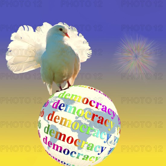 Symbolic image, dove of peace on a democratic globe, further peace, Trump mistaken, Putin and Ukraine war, Russian drones attack Ukraine and the EU, sabotage by Russia, cybercrime, espionage, undersea cables, Baltic states, Poland, threat to Europe/world politics, billiards of world politics, Ukraine, Russia, danger situation, continued gas delivery, arms supplies, scarcity of fossil fuels, cold winter, frost, energy supply, food for third world, supply of raw materials