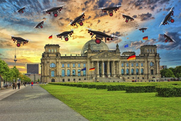 Symbolic image, Putin and Ukraine war, Russian drones over Germany and the EU, poor defense, lack of high-tech defense, sabotage by Russia, underwater cables, Baltic states, Poland, threat to Europe/world politics, billiards of world politics, Ukraine, Russia, danger situation, continued gas delivery, arms supplies, scarcity of fossil fuels, cold winter, frost, energy supply, food for the third world, raw material supply, Munich Security Conference