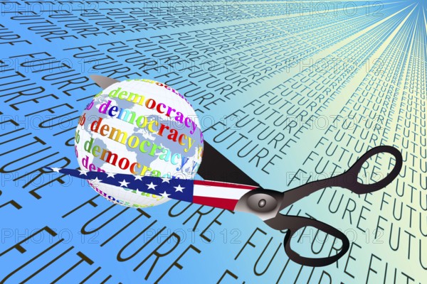 Symbolic image, future threatened, gap cuts democracy, Trump and Maga movement as a threat to USA democracy, global danger, climate change and nature are fake news, Bitcoin king, kleptocracy, price development, Bitcoin questionable due to extreme energy demand, stock prices, uncertain digital currency, recources, energy, industry, economy critical, stock market hype, stock market crash, wrong decisions, maximum profit, profit slump, share prices, location Germany, world economy, globalization, environmental protection, mafia, Trump administration, Bitcoin rally, cryptocurrency, electronic wallet wallet, crypto reserve, stock exchange trading, gold replacement currency