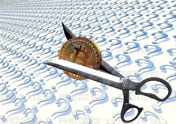 Symbolic image, scissors divide Bitcoin into question marks, stock prices, uncertain digital currency, resources, energy, industry, critical economy, stock market hype, stock market crash, payment, insolvency, wrong decisions, maximum profit, profit slump, stock prices, location Germany, global economy, globalization, environmental protection, mafia, Trump corrupt enrichment, Bitcoin rally, cryptocurrency, electronic wallet wallet, crypto reserve, stock exchange Handel