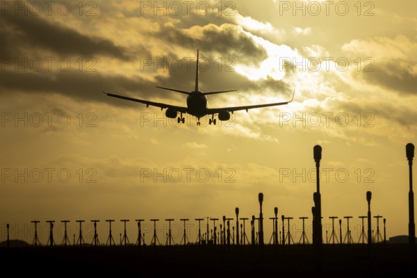 Boeing 737 commercial passenger airliner jet aircraft of Ryanair airways in flight on approach to land over runway lights at sunset at London Stansted airport, Essex, England, United Kingdom