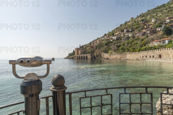 Alanya, Turkey. April 7th 2021 Beautiful view of Alanya peninsular and the old Shipyard and castle walls from the harbour
