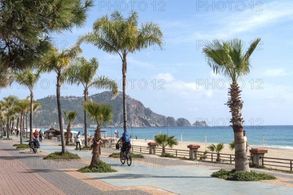 Alanya, Turkey. April 8th 2021 The palm tree lined sea cycle path Alanya peninsula on the Turkish Mediterranean, Turkey