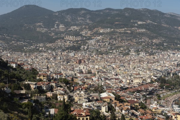 Alanya, Turkey. April 7th 2021 Aerial view of Alanya city set on the slopes the Taurus Mountains, Turkey