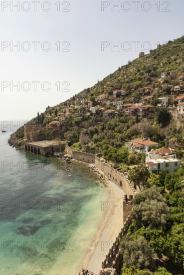 Alanya, Turkey. April 7th 2021 Beautiful view of Alanya peninsular and the old Shipyard and castle walls from the harbour
