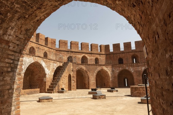 Alanya, Turkey. April 7th 2021 Interior view of the Kizi Kule or Red Tower battlements and historic ancient castle walls, Alanya Harbour, on the Turkish Mediterranean, Turkey