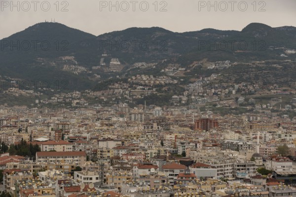 Alanya, Turkey. April 6th 2021 Aerial view of Alanya city set on the slopes the Taurus Mountains, Turkey