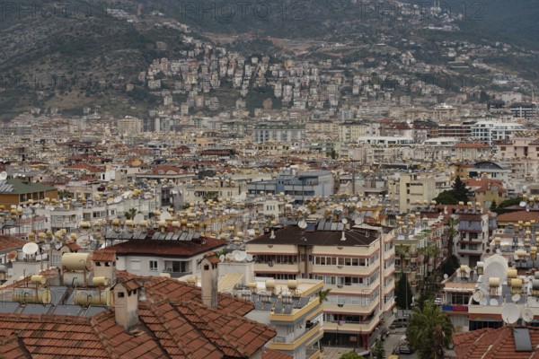 Alanya, Turkey. April 6th 2021 Aerial view of rooftops of the crowded city of Alanya on the Turkish Coast, Turkey
