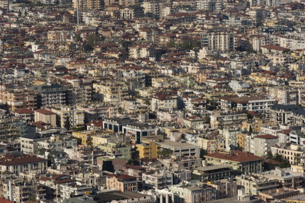 Alanya, Turkey. April 7th 2021 Aerial view of rooftops of the crowded city of Alanya on the Turkish Coast, Turkey