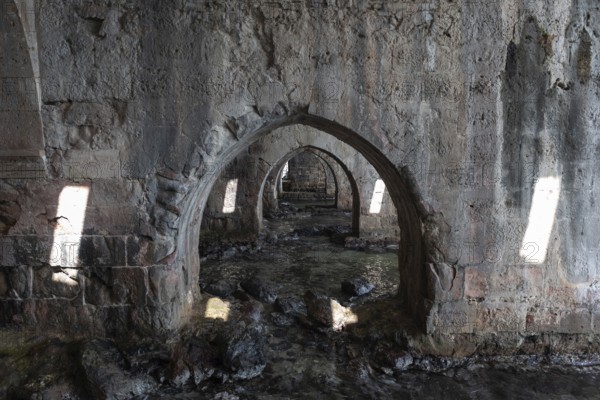 Alanya, Turkey. April 7th 2021 The vaulted stone arches of the Seljuck era shipyard now a museum beside the harbour of Alanya on the Turkish Mediterranean coast