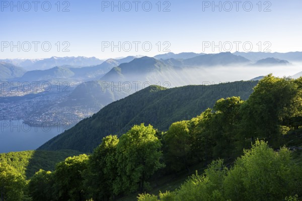 View of Lake Lugano and Lugano from Mount Sighignola, Balcone Svizzero, Tessin, Switzerland