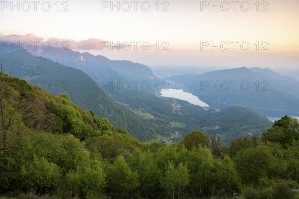 View of Lake Lugano from Mount Sighignola at sunset, Balcone Svizzero, Tessin, Switzerland