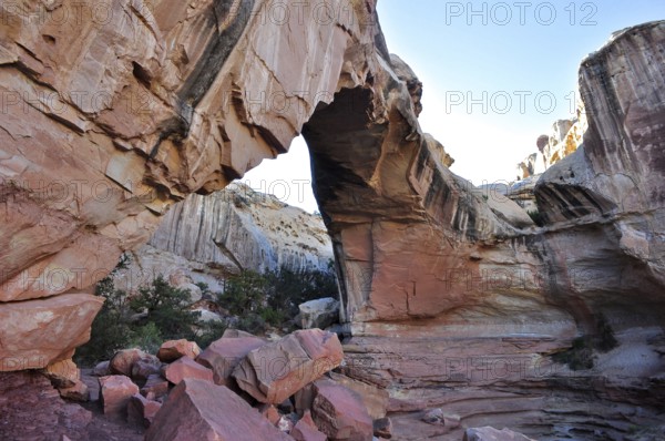Impressive rock arch with bright light below, surrounded by typical desert geology, Capitol Reef National Park, Utha, USA