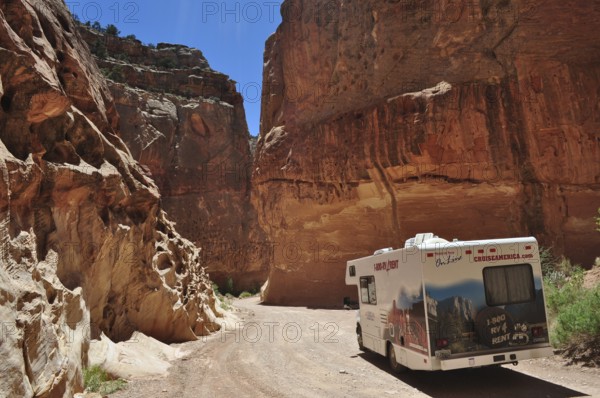 Motorhome traveling in a canyon with massive red rock structures under clear skies, Capitol Reef National Park, Utha, USA