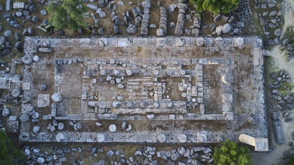 Temple of Zeus, Temple of Zeus, aerial view of a rectangular, ancient ruin complex, drone view, archaeological site, Ancient Olympia, Olympia, Peloponnese, Greece