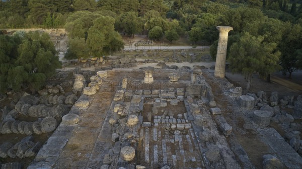 Temple of Zeus in morning light, roof view over ancient ruins with stone pillars in wooded surroundings, drone shot, archaeological site, Ancient Olympia, Olympia, Peloponnese, Greece