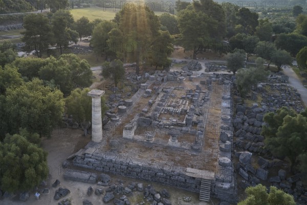 Temple of Zeus in backlight, aerial view of ruins under trees with a distinctive stone pillar in sunlight, drone shot, archaeological site, Ancient Olympia, Olympia, Peloponnese, Greece