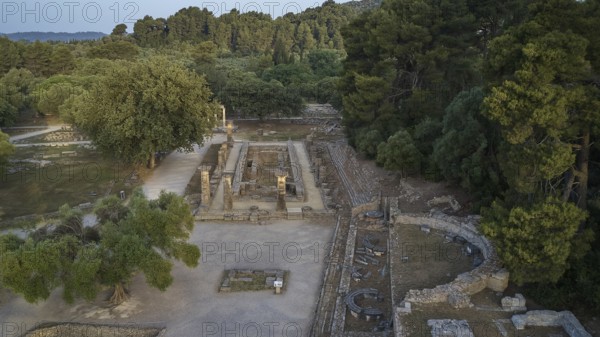 Altar of Hera, Hera Temple, old building floor plan in wooded surroundings, drone shot, archaeological site, Ancient Olympia, Olympia, Peloponnese, Greece