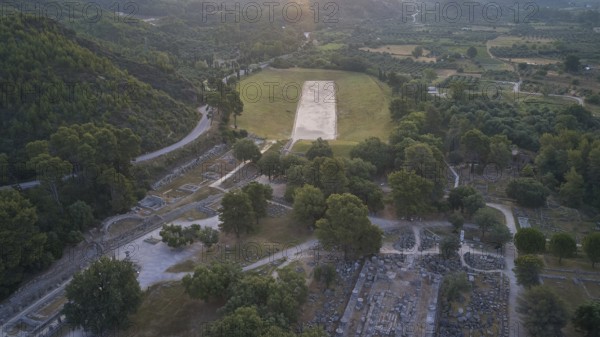Stadium, Temple of Hera, Temple of Zeus, Old Ruins and Sports Area in the Midst of Woods and Meadows, Drone Shot, Archaeological Site, Ancient Olympia, Peloponnese, Greece