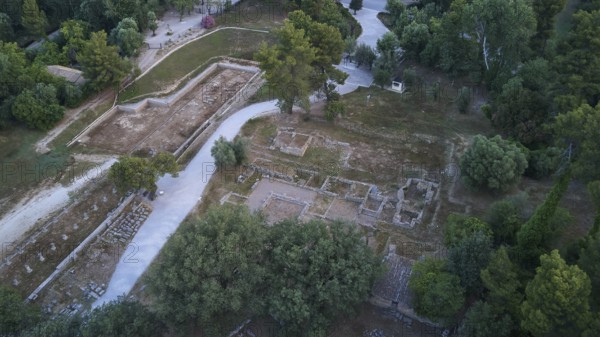 Ancient Gymnasium, North East Propylon, Prytaneion, aerial view of an archaeological site with trees and old ruins, drone shot, archaeological site, Ancient Olympia, Olympia, Peloponnese, Greece