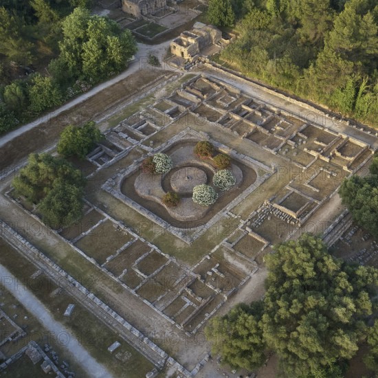 Leonidaion in morning light, symmetrical ancient ruins embedded in a green landscape, photographed from the air, drone shot, archaeological site, Ancient Olympia, Olympia, Peloponnese, Greece