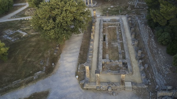 Hera Temple, Temple of Hera, aerial view of an ancient building and surrounding trails, drone view, Archaeological Site, Ancient Olympia, Olympia, Peloponnese, Greece
