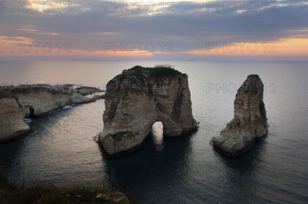 Beirut, Lebanon. January 18th 2011 The Pigeon rocks a popular tourist destination known for its iconic rock formations in picturesque seaside surrounds, Beirut, Lebanon