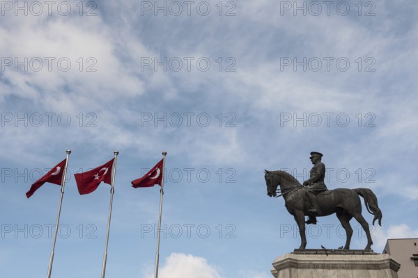 Ankara, Turkey. 25th November 2020 The Statue of Victory and Turkish flags, Ulus Square. The bronze statue of Ataturk designed by Henrich Krippel in 1927, Ankara, Turkey