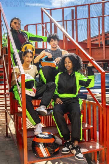 Group of diverse young people wearing racing suits and holding helmets, posing on metal stairs before starting a fun karting competition, ready for sport and leisure