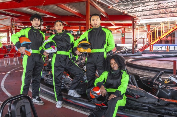 Diverse group of young adult friends standing in racing suits and holding helmets, preparing for a competitive karting event at an indoor track, symbolizing teamwork and speed
