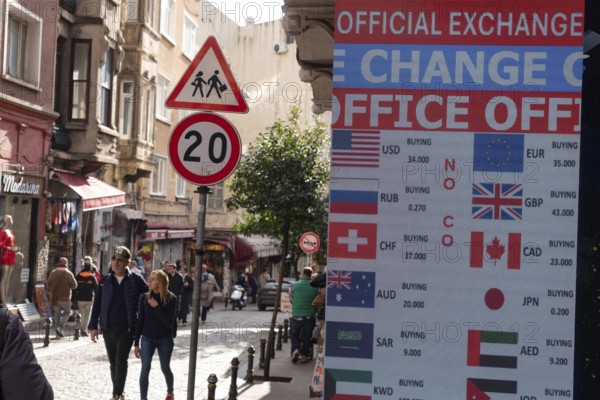 Istanbul, Turkey 7th January 2025. Currency exchange rates displayed outside a Bureau de Change office in central Istanbul, Turkey