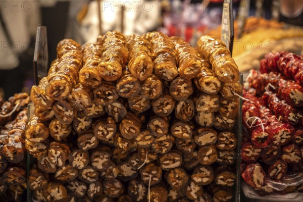 A colorful display of Cevizli Sucuk-Sweet Turkish Rolls made from Grape Molasses and Walnuts, for sale in a street bazaar in Istanbul, Turkey