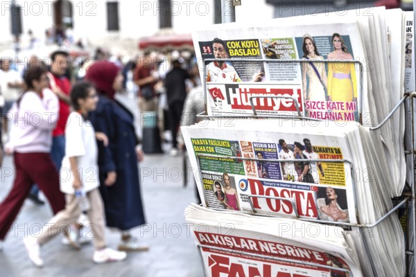 Istanbul, Turkey. September 18th 2025. Popular Turkish newspapers for sale outside a shop in a busy shopping district of Istanbul, Turkey