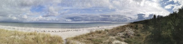 Wide beach landscape with clear sea under cloudy sky, Rügen, Baltic Sea