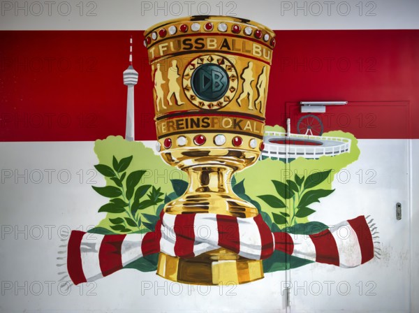 Graffiti, VfB Stuttgart as cup winner in the DFB-Pokal 2025, with landmark television tower, MHPArena, Cannstatter Wasen, S-Bahn, station, central railway station, Stuttgart, Baden-Württemberg, Germany