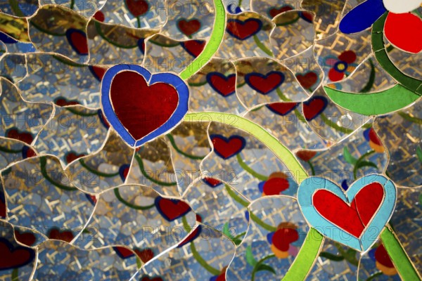 Colourful hearts made of glass and mirrors, Giardino dei Tarot, by Niki de Saint Phalle, near Capalbio, Grosseto Province, Tuscany, Italy