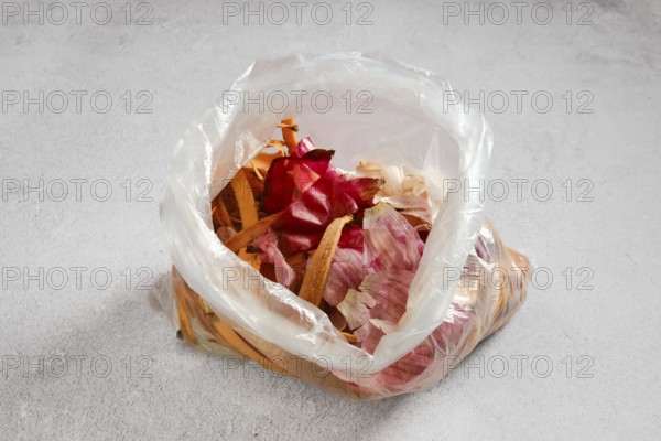 A clear plastic bag on a kitchen counter, containing various vegetable scraps and peels. The bag holds remnants from food preparation activities, showing zero waist control