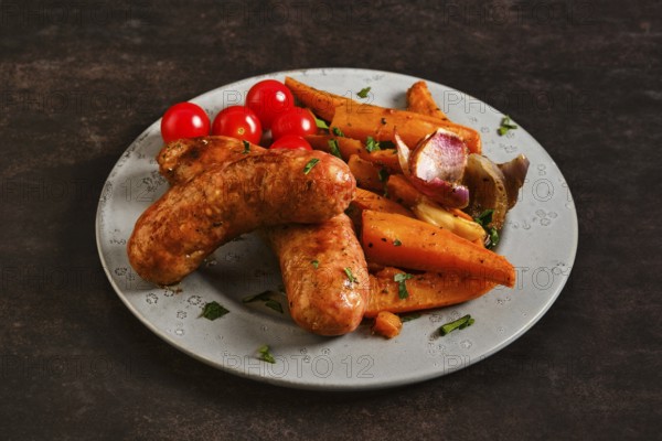 A plate holds natural casing sausages alongside roasted sweet potatoes and cherry tomatoes. The sausages are browned and served with fresh herbs. This meal looks appetizing and hearty