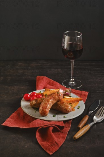 Natural casing sausages sit on a plate next to cherry tomatoes and roasted sweet potatoes. A glass of red wine stands nearby. The setting has a dark background and wood table